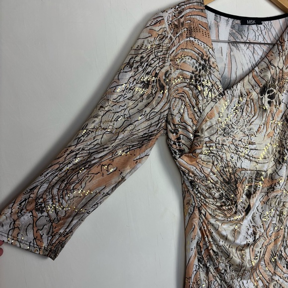 MSK Y2K Abstract Print Stretch Top Ruched 3/4 Sleeve Neutral Grunge Festival - Picture 4 of 11